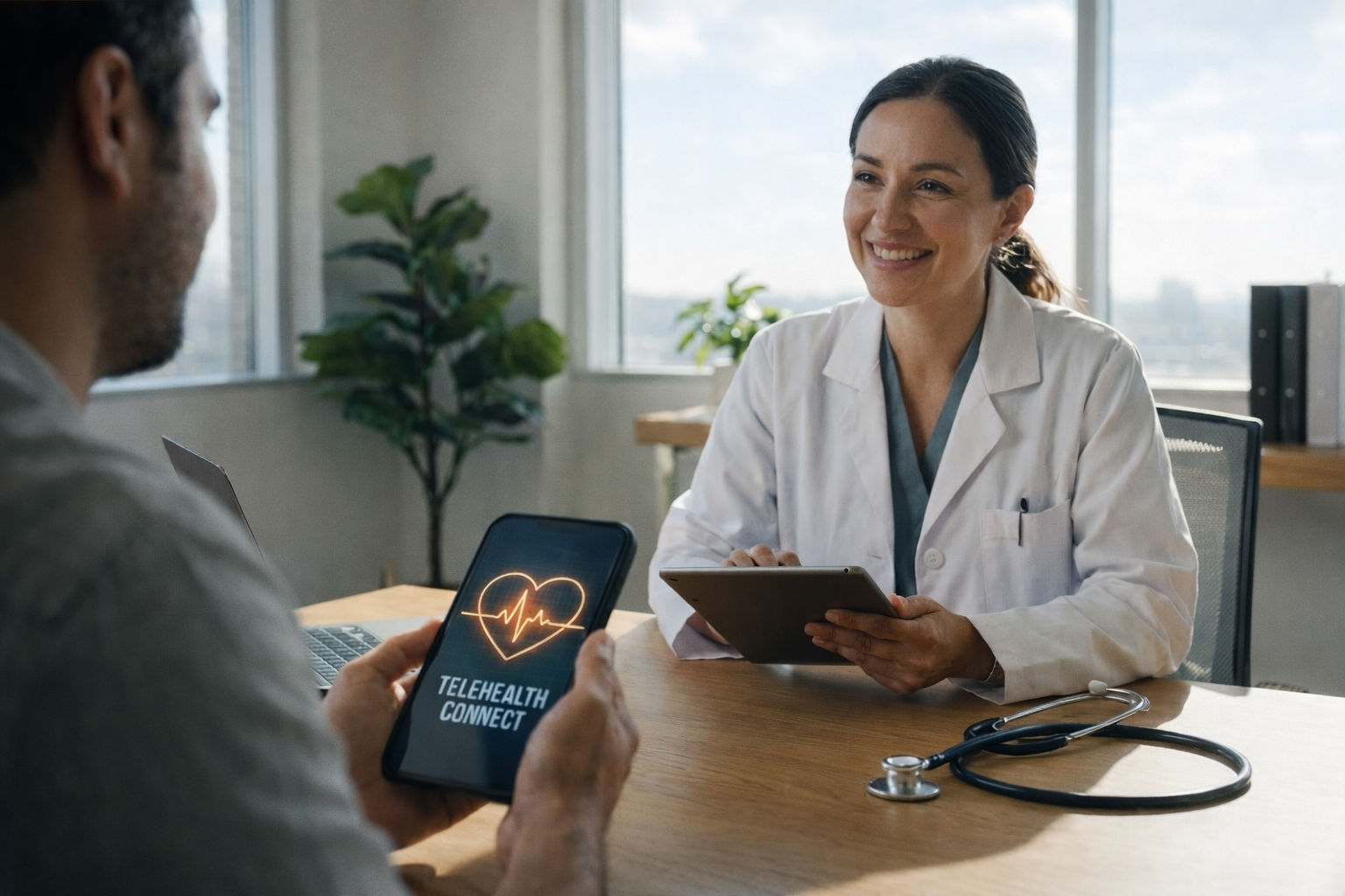 Healthcare professional smiling while reviewing patient information on tablet during consultation, and answering Online Doctor FAQ asked from the patient.