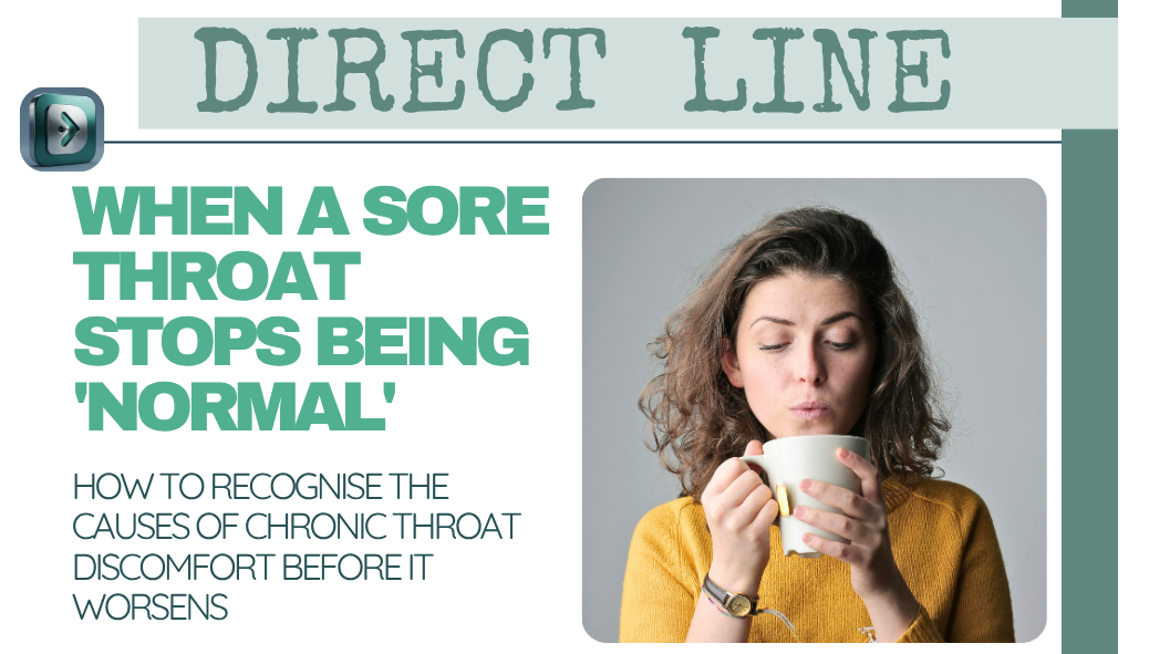  Image of a female with constant sore throat, drinking a warm drink 